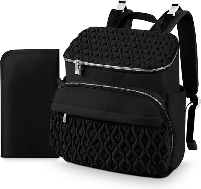 Baby Diaper Bag Backpack, Expandable Baby Bag for Girl Boy, Travel Diaper Backpack with Insulated Pocket, Changing Pad, Quilted Diaper Bag for Mom Dad, Newborn Baby Essentials Must Have Black