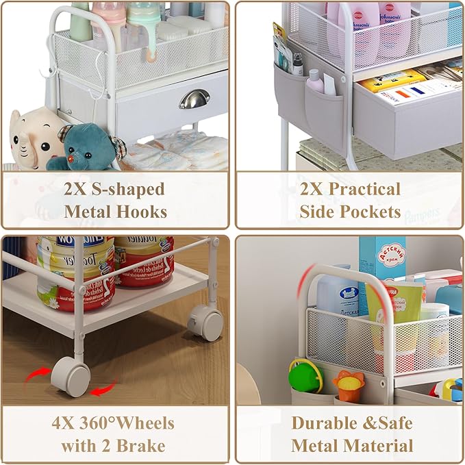 Baby Diaper Caddy Cart Organizer -3 Tier, Bedside Nursery Essentials Organizer & Storage Holder for Newborn Baby Stuff, 2+1 Dividers, 1 Drawer,Rolling Utility Cart for Bedroom,Changing Table, Crib.