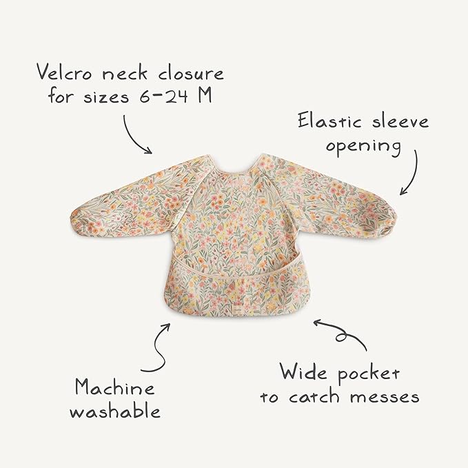 mushie Long Sleeve Baby Bib | Water Resistant Adjustable Fit for Ages 6-24 Months