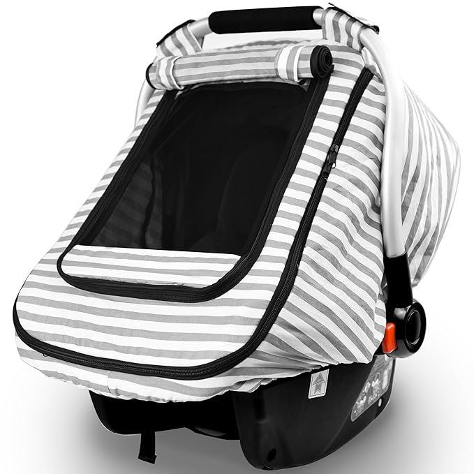 Car Seat Covers for Babies,Baby Car Seat Cover for Boys Girls,Windproof Infant Carseat Cover,Kick-Proof Car Seat Canopy with Breathable Mesh Peep Window,Stripe Print,Summer Lightweight