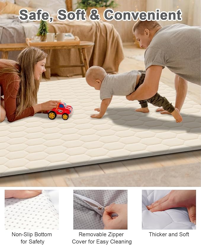 TINYHARBO Premium Foam Baby Play Mat 71" x 59" with Removable Cover, Extra Thick Padding Playpen Mat, Non-Slip Floor Mat, Stylish & Easy to Clean for Crawling Baby, Infants & Toddlers, Beige