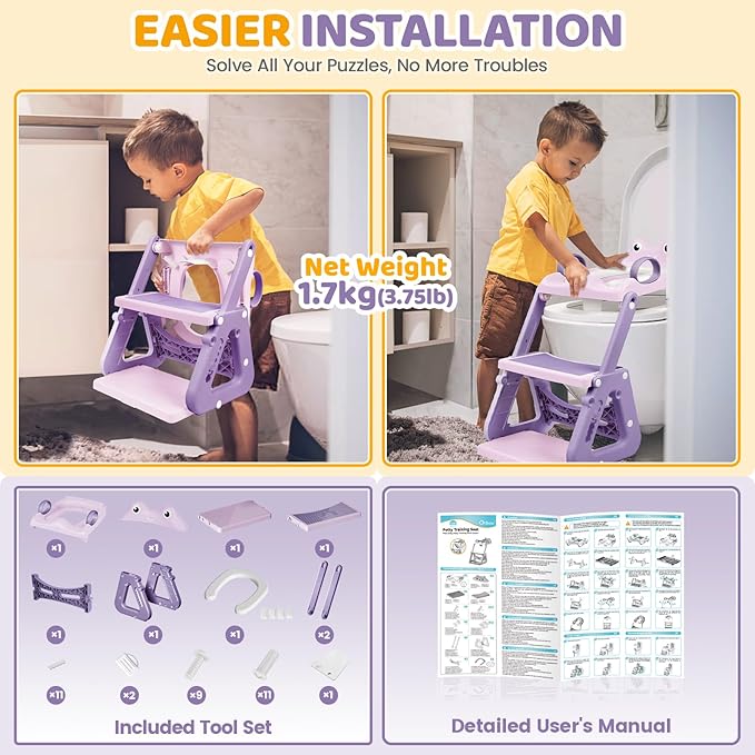 Orzbow Frog Potty Training Seat, Toddler Toilet Seat with Step Stool Ladder, 2-in-1 Potty Training Toilet Essentials for Boys Girls, Adjustable Height, Non-Slip Step and Splash Guard Design, Pink