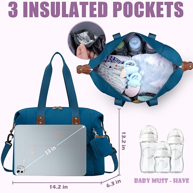 Tuwubi Diaper Bag Tote,Baby Diaper Bag with Pacifier Case Large Travel Diaper Tote Caddy for Mom and Dad Multifunction Baby Bag - M-Teal