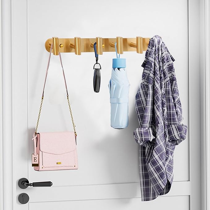 Coat Hook Rack, Wall Mounted Coat Rack with 6 Hooks, Heavy Duty Towel Hooks Rack Wall Hooks for Hanging Clothes Jacket Purse, Stainless Steel Coat Hanger for Bathroom Entryway Mudroom(Gold)