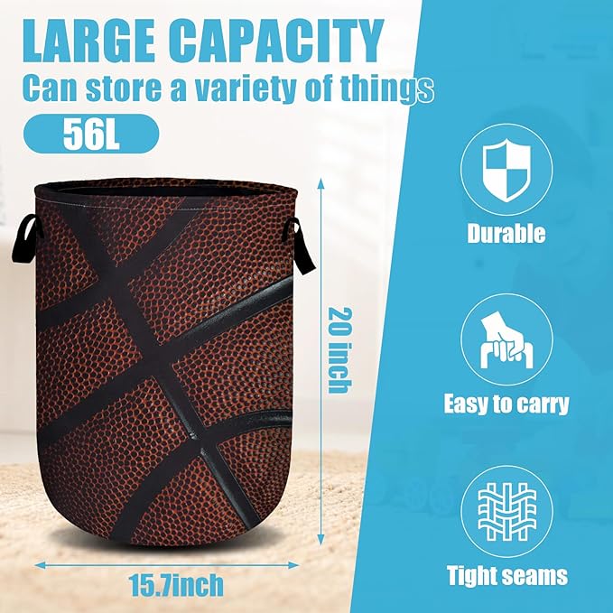 Basketball Texture Laundry Basket, Sport Ball Laundry Hamper Collapsible Oxford Cloth with Handle Clothes Toy Storage Bin for Bathroom Laundry Room Bedroom 15.7 X 20 Inch
