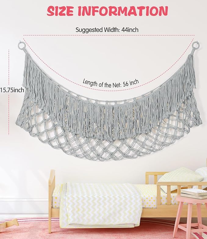 Stuffed Animal Hammock - Extra Large 56'' Long, Stuffed Animal Storage, stuffed animal Holder net, Hammock Large, Storage Hanging Organizer - Light grey