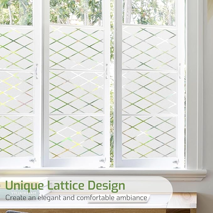 LUTE Frosted Glass Window Privacy Film, Static Cling Non-Adhesive Heat Control Window Cover, Removable Decorative Frosting Decals for Home Office, Lattice Pattern, 23.6" x 118.1"