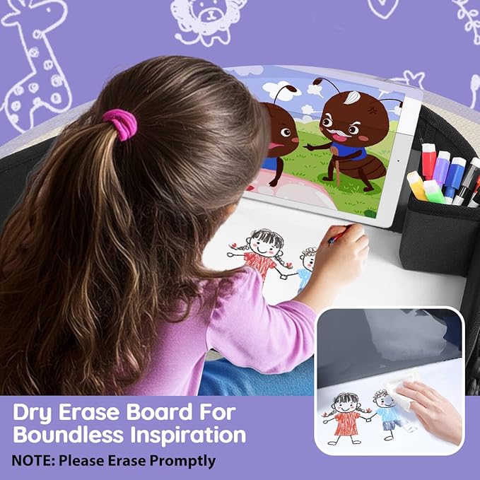 Kids Travel Tray, 2Pcs Kids Travel Trays for Car Seat, Road Trip Essentials for Toddler, Carseat Lap Tray with Dry Erase Board & Storage Organizer for Road Trip Activities for Kid, Black