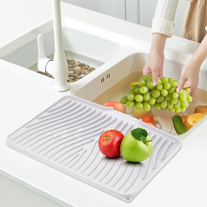 Silicone Dish Drying Mat for Kitchen Counter, Non-Slip Drain Pad with Built-in Drain, Dish Drying Pad, Large Heat Resistant Stone Drying Mat(White 16" x 12")