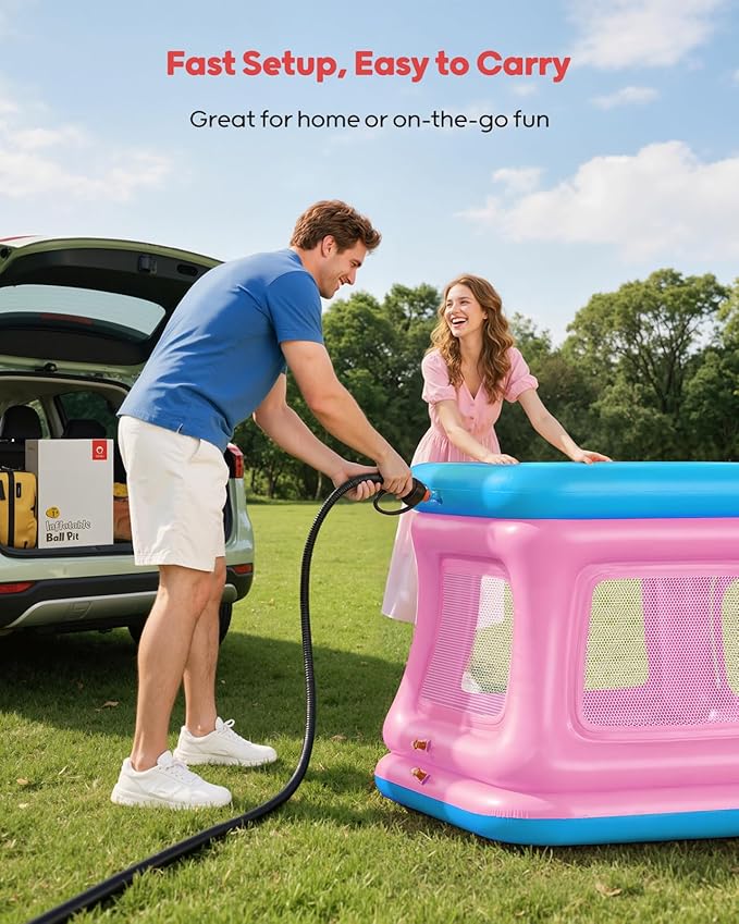 QPAU 3-in-1 Inflatable Bounce House for Toddlers 1-3, Ball Pit & Trampoline, Inflatable Bouncy House with Safety Net, Indoor & Outdoor Bubble Bouncer Baby Play Yard（Blue & Pink）