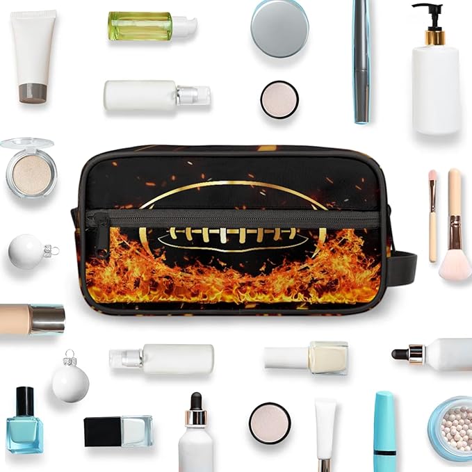Boys Toiletry Bag Sport Theme Rugby in Fire Kids Dopp Kit Waterproof Hanging Wash Bag Cosmetic Bag Medicine Bag for Travel Sports Shower Essential