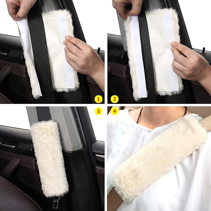 2-Pack Soft Plush Seatbelt Covers for Kids - Comfortable Seat Belt Cushion for Newborns - Car Seat/Stroller Strap Accessories - Enhanced Driving Comfort & Protection (White)