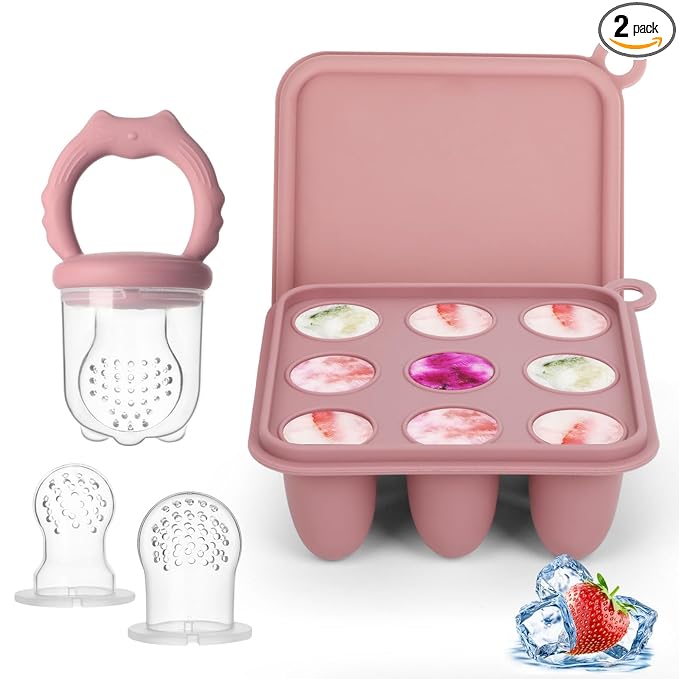 Baby Fruit Food Feeder Breastmilk Popsicle Molds, Silicone Food Freezer Tray for Cooling Teething Relief, Baby Food Feeder for Safe Infant Self Feeding, Includes 3 Extra Food Pacifier