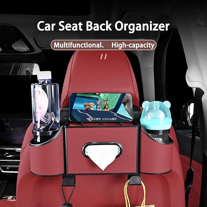 Back Seat Car Organizer,4 in 1 Multifunctional Car Back Seat Storage Box with Drink Cup Holder Tissue Box, for Hold Phone,Snacks, Drinks, Handbag-Red