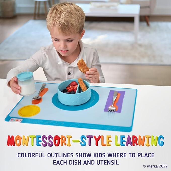 Merka Place Setting Placemat for Kids - 17 x 11 in, Multicolor Silicone, 2-Pack for Ages 2+ - Reusable & Washable Educational Placemat with Guided Utensil Placement & Table Manners