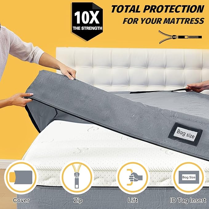 Mattress Bags for Moving and Storage, BETU Waterproof Mattress Protector Twin XL Mattress Cover with 8 Heavy Duty Handles and Zipper Extra Thick Moving Supplies for Dorm Reusable (82x42x13.5 Grey)