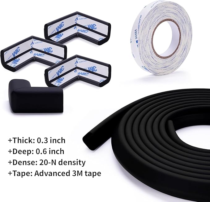Baby Proofing Edge and Corner Guards, (20ft Edge + 8 Corners) Safety Furniture Bumper, Baby Corner Protector for Fireplace, Table, Stair, Cabinet, 3M Adhesive, Black