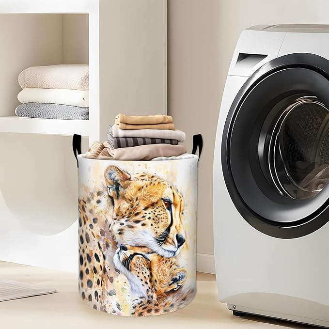 Loving Cheetahs in Gentle Embrace Laundry Basket with Handles, 19.7"x15.7" Clothes Foldable Laundry Hamper Organizer for Dorm Nursery Bedroom Bathroom Decor, Toy Storage Bin for Kids