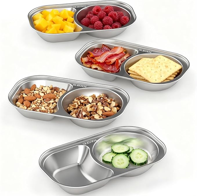 Bakpoco Stainless Steel Toddler Plates Set of 4, 2-compartment Kids Plates for Snack Portion Control, Small Divided Plate for Baby Feeding & Adults Camping, Non-toxic Dishwasher Safe Metal Dish
