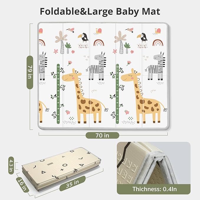 Baby Play Mat for Floor,79" x 71"Extra Large Foam Play Mats,Reversible Foam Playmat,Foldable,Waterproof &Anti-Slip Crawling for Babies,Toddlers,Infants, for Indoor and Outdoor,Cartoon Grey