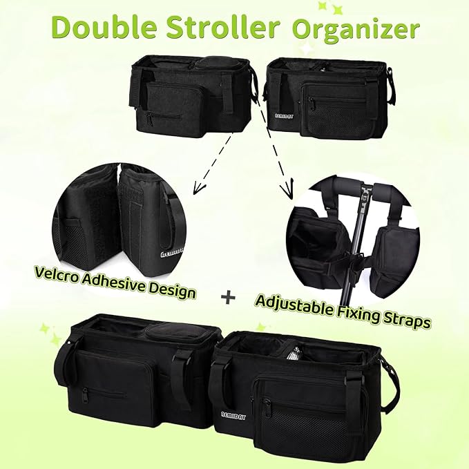 Double Stroller Organizer Compatible with BOB Duallie and Baby Jogger City Mini GT2 Double Stroller, Double Baby Stroller Accessories with 2 Cooler Pockets , Black(Empty Bag)