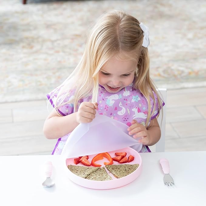 Bumkins Toddler and Baby Suction Plate, Divided Grip Dish Cover for Babies and Kids, Baby Led Weaning, Feeding Supplies, Store and Label Leftovers, Food Prep Portions, Fits Bumkins Dish and Plate