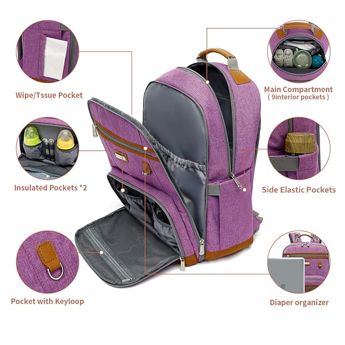 BILLITON MASHI Diaper Bag Backpack, Large Baby Nappy Bags with Portable Changing Pad for Boys and GirlsMultifunction Travel Baby Bag for Moms Dads, Shower Gifts Waterproof and Stylish，Purple