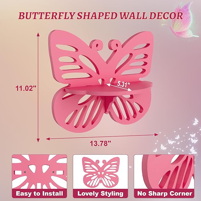 Pink Butterfly Shaped Floating Shelf for Girl’s Room, Cute Wall Display Rack for Nursery Decor, Small Decorative Shelf Wall Mounted, Wood Hanging Wall Shelf for Toys, Plants and Decorations Storage