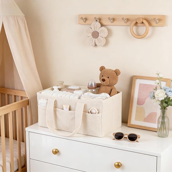 Baby Diaper Caddy Organizer with Portable Changing Mat-Portable Baby Organizers and Storage, Baby Essentials Organizer with Removable Dividers (Corduroy)