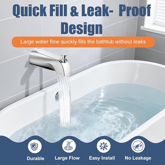 Universal Bathtub Tub Spout with Diverter, Fits 1/2" Slip-Fit Copper Pipe Connection, Pull Down Bathtub Faucet Spout Replacement, Easy Installation (Chrome)