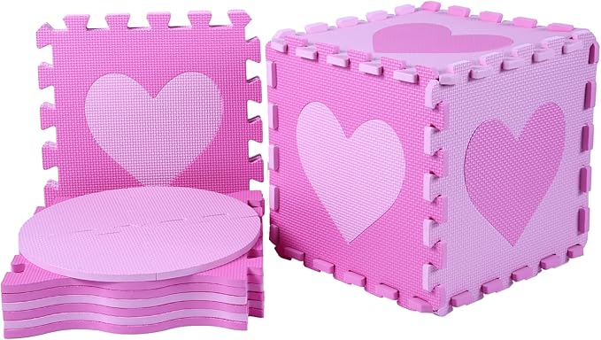 Tamiplay Foam Play Mat for Kids, 25pcs Square Interlocking Puzzle Floor Mat, Baby Toddler Playmat with Fence - Pink Heart