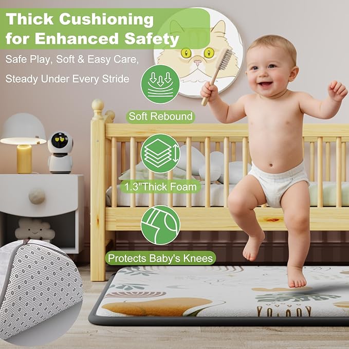 1.3" Thick Baby Play Mat for Floor, Elasti-Foam 71x59 Playpen Mat, Water Repellent Ultra Soft Coral Velvet Tummy Time Crawling Mats for Kid Toddlers Infants, Non-Slip Backing Safe for Earth Tones