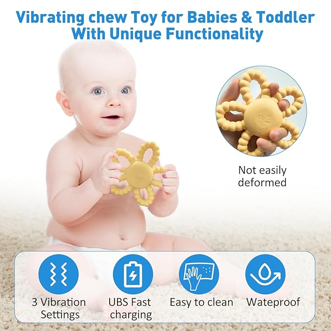 Vibrating Teether for Baby, Sensory Chew Toys for Autistic Children & Teething Toys for Babies, USB Chargeable & 3X Vibration Setting Travel Essential Gift for Kids with Autism Toddler
