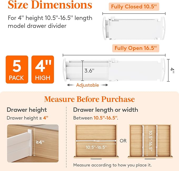 Lifewit 4" High 5 Pack Drawer Dividers, 10.5-16.5" Drawer Divider for Clothes, Adjustable Dresser Drawer Organizers, Plastic Drawers Separators for Clothes, Bedroom, Bathroom, Kitchen, Closet