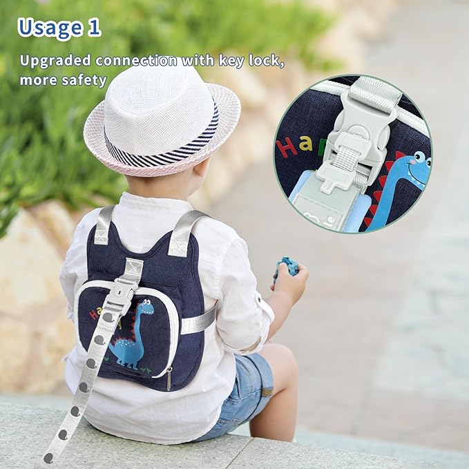 Toddler Harness Backpack Leash with Wrist Link | Cute Dinosaur Anti-Lost Walking Strap for Kids | Foldable & Adjustable Child Safety Belt for Boys & Girls