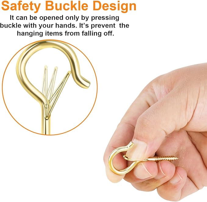 FSAH 12 PCS Q-Hanger Hooks, Screw Hooks for Outdoor String Lights, Safety Buckle Design Cup Eye Hook for Hanging Christmas Lights, Plants, Wind Chimes, Mounted on Wall Ceiling, Windproof, Gold