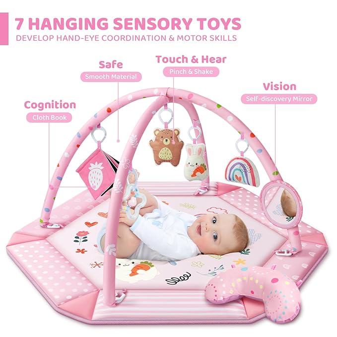 Baby Gym Play Mat, 8-in-1 Tummy Time Mat & Ball Pit with 6 Toys, Washable Baby Activity Mat for Visual, Hearing, Sensory, Motor Development, Babies Gift for Newborn Infant 0-3-6-9-12 Months (Pink)