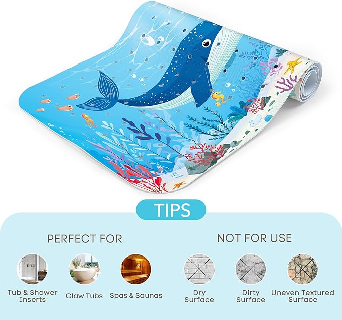 SHUCHING Baby Bath Mat for Tub Non Slip-40 X 16 Inch, Bathtub Mat Non Slip for Kids, Toddler Long Shower Mat for Bathroom, Whale