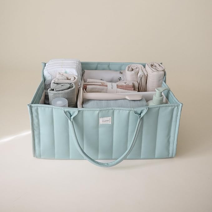 mushie Baby Diaper Caddy | Newborn Essentials Organizer for Diaper Changing Station (Roman Green)