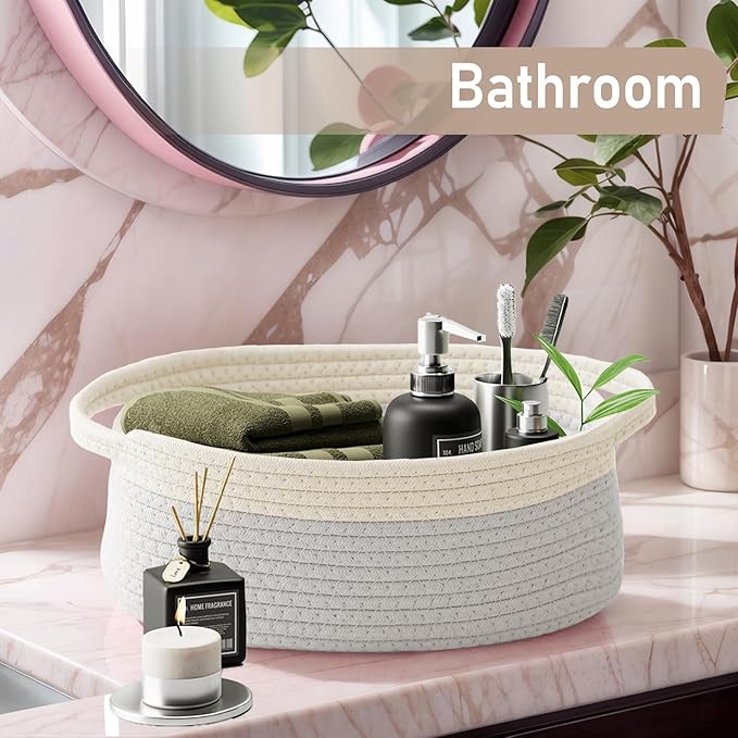JMvicyroam Woven Basket,Small Rope Storage Bin with Handles & Ribbon Bag, Organizer for Shelves Closets,Gift Basket Empty for Birthday,Books,Dog Toys, White&Grey/2 Pack