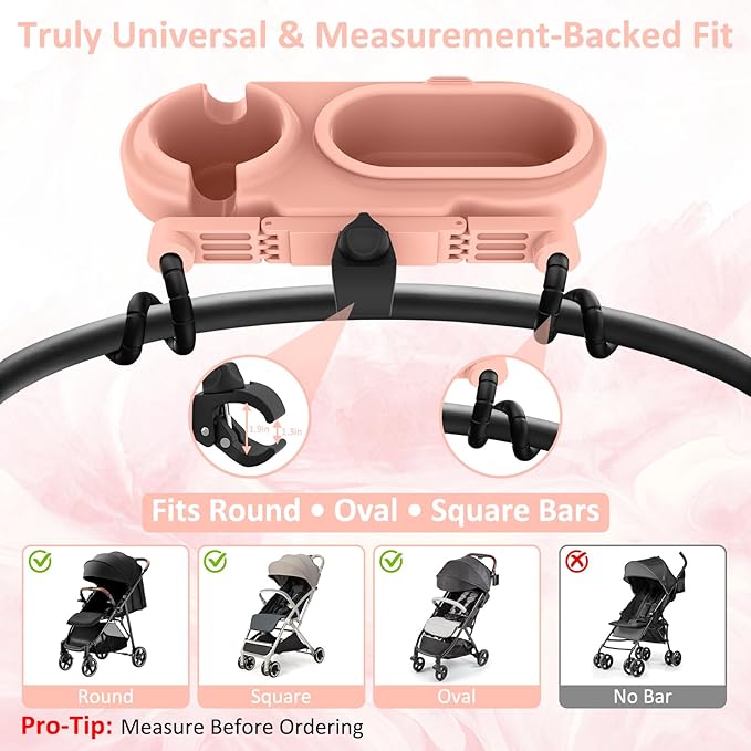BANGIE Cute Pink Stroller Snack Tray for Girls - Compatible with Uppababy Vista V2, Nuna Mixx, Mockingbird - Aesthetic Attachment with Cup Holder & 3 Detachable Silicone Bowls