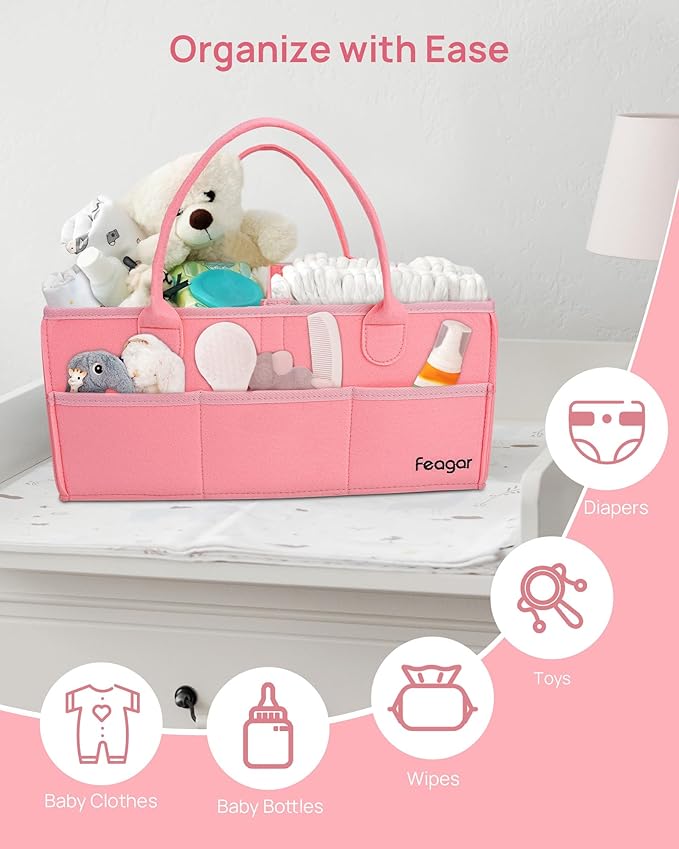Feagar Baby Diaper Caddy Organizer, 15 Inch Large with 8 Pockets & 2 Dividers, Portable Nursery Storage Basket & Car Organizer for Changing Table, Travel (Pink)