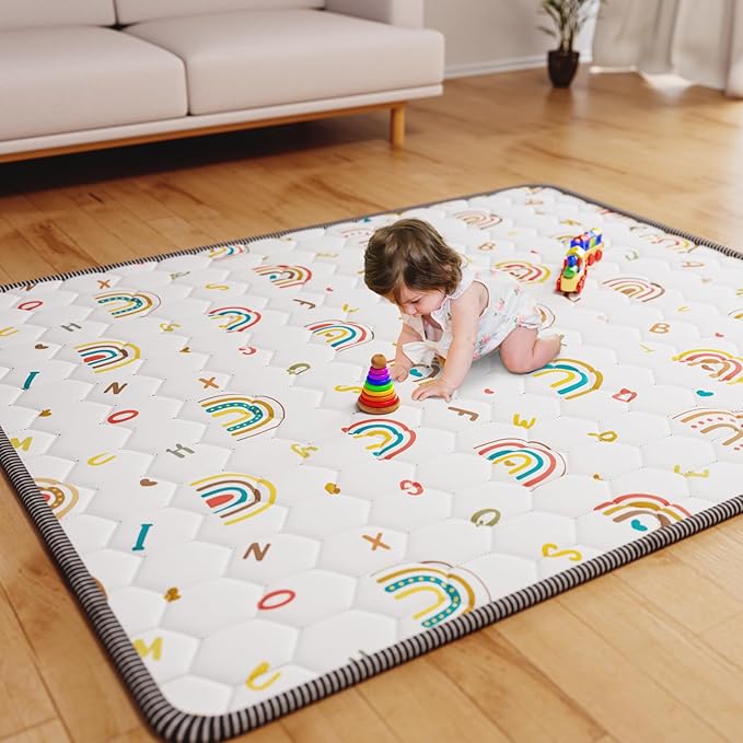 Boho Rainbow Baby Play Mat 71" X 59" Non-Slip Cushioned Baby Crawling Mat Letter Playmats, Kids Play Mats Pad for Floor Play Pen Infants Tummy Time Activity (White)