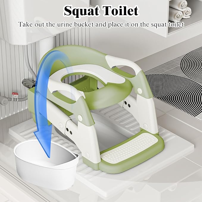 DEEKI 3 in 1 Potty Training Seat with Step Stool Ladder Foldable Anti-slip Toilet Chair Potty Seat for Toddlers Kids Boys Girls(Green)
