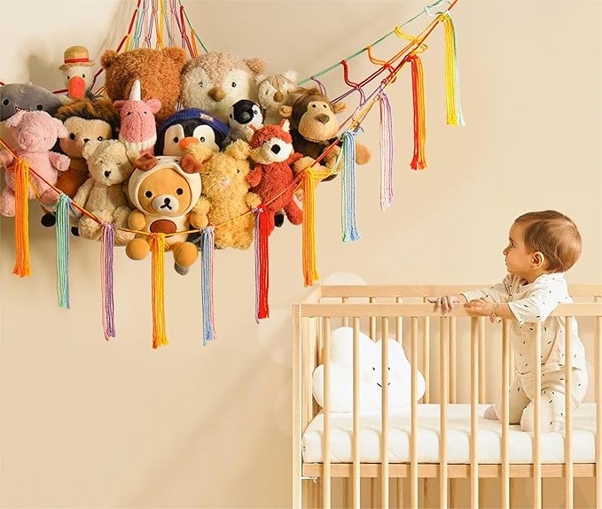 Stuffed Animal Hammock Corner Storage Net Cute Preppy Trendy Stuff Gifts for Teen Girls Baby Room Wall Nursery Decor Rainbow Color Colorful Unicorn Hanging Organizers XL Large