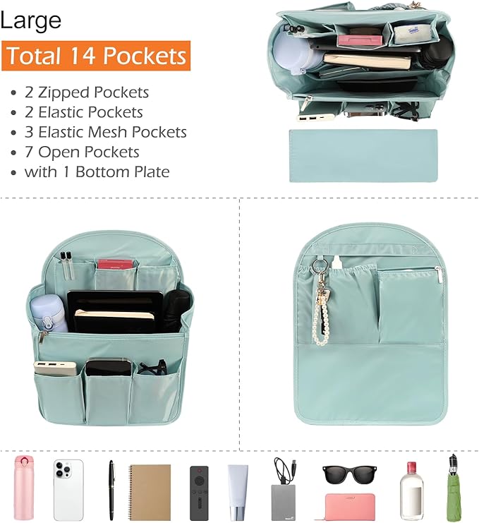 Surblue Backpack Organizer Insert Liner Hanging Travel Rucksack Purse and Handbag Insert Pocket, High-capacity Divider Foldable Nylon Shoulder Bag Organizer for Men and Women, (Skyblue, L)