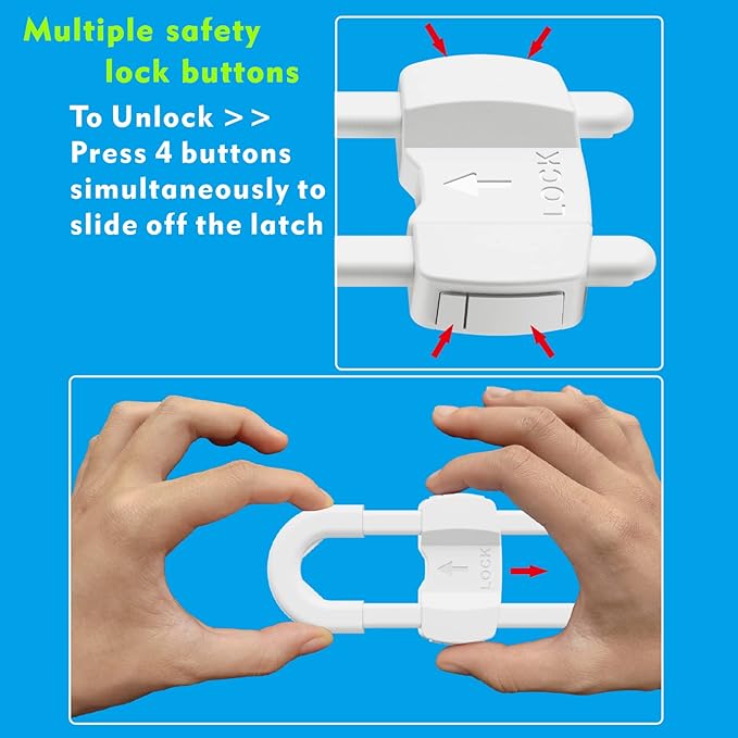 U-Shaped Baby Proof Cabinet Locks No Drilling Required, Adjustable Child Safety Latches for Cabinets Drawers Kitchen Doors, 3 Pack White