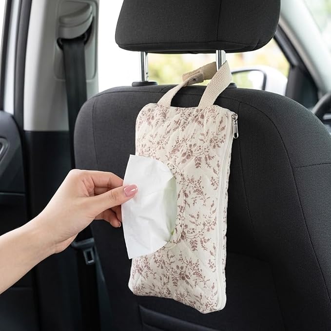 Quilted Diaper Wipe Pouch Hanging Floral Wet Wipes Bag Reusable Fabric Cover with Zipper & Lanyard for Car Daily Casual Travel Mommy Bag
