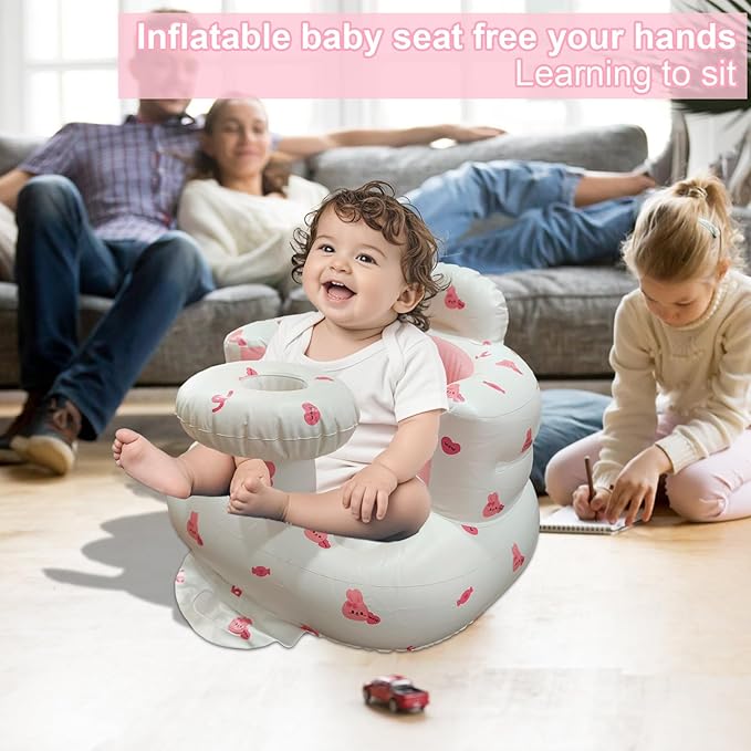 Inflatable Baby Seat for Babies 3-36 Months, Baby Chair with Fence & Built in Air Pump, Blow Up Floor Baby Seat with Back Support, Inflatable Baby Chair Sit Me Up for Home Pink Rabbit-Tray