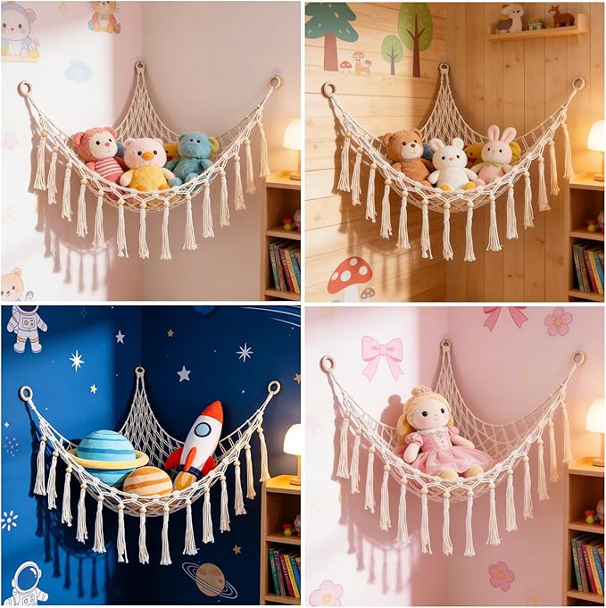 Large Stuffed Animal Hammock, Plush Toy Storage Net for Kids Room, Nursery & Bedroom Organizer with Wooden Rings